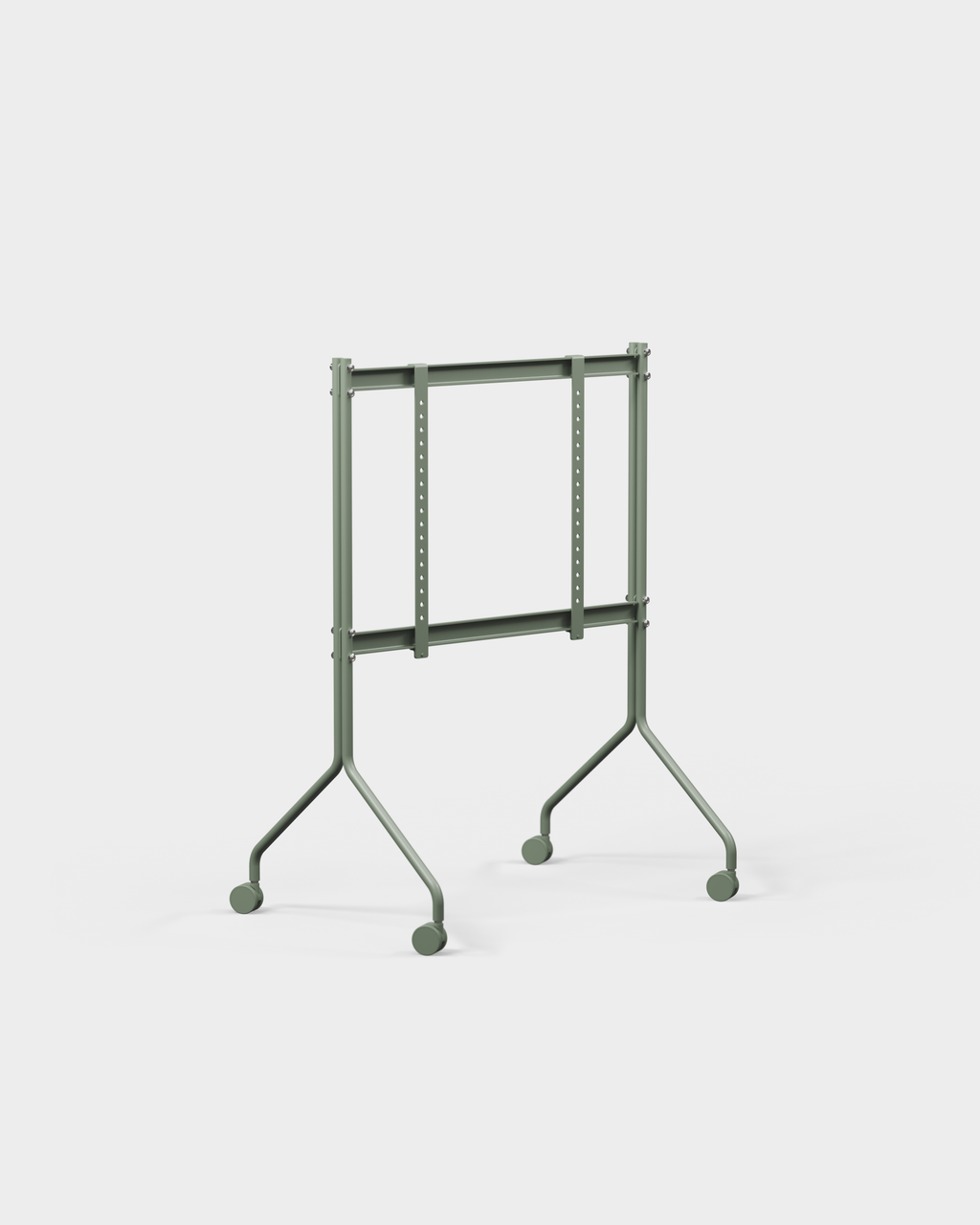 Moon in Mossy Green TV-stativ vist i vinkel som studiopakkbilde, med hjul, justerbare skinner og gaffelformede ben