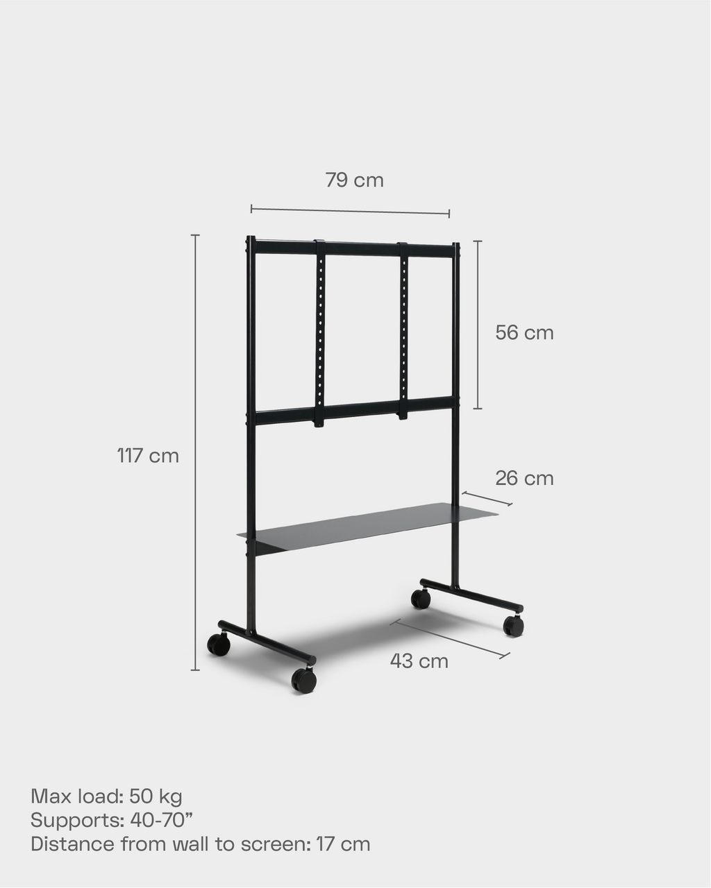 Målskisse av Rover in Powder Blue TV-stativ med hjul og hylle, med mål 79 x 117 cm og maks last 50 kg